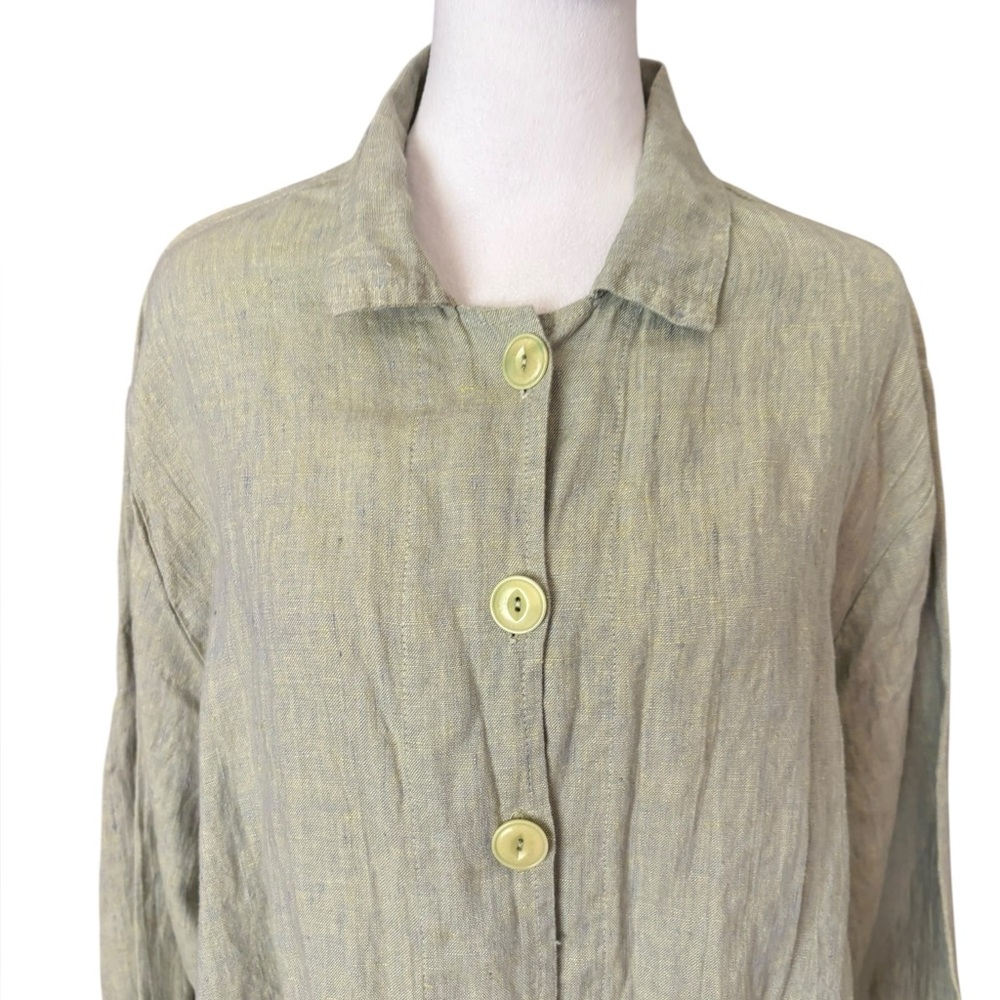 Flax Linen Jacket Button Front Collared Sage Gree… - image 4